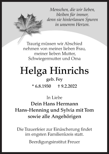 Traueranzeige von Helga Hinrichs von Neue Osnabrücker Zeitung GmbH & Co. KG