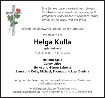 Traueranzeige von Helga Kulla von Neue Osnabrücker Zeitung GmbH & Co. KG