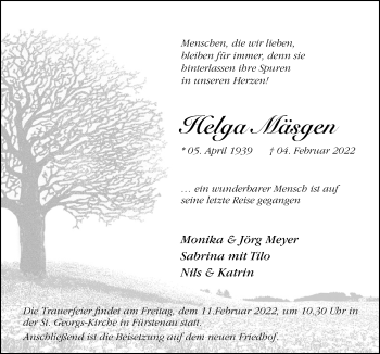 Traueranzeige von Helga Mäsgen von Neue Osnabrücker Zeitung GmbH & Co. KG
