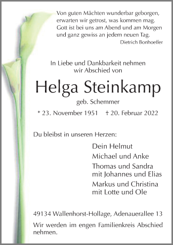 Traueranzeige von Helga Steinkamp von Neue Osnabrücker Zeitung GmbH & Co. KG