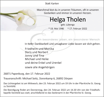 Traueranzeige von Helga Tholen von Neue Osnabrücker Zeitung GmbH & Co. KG