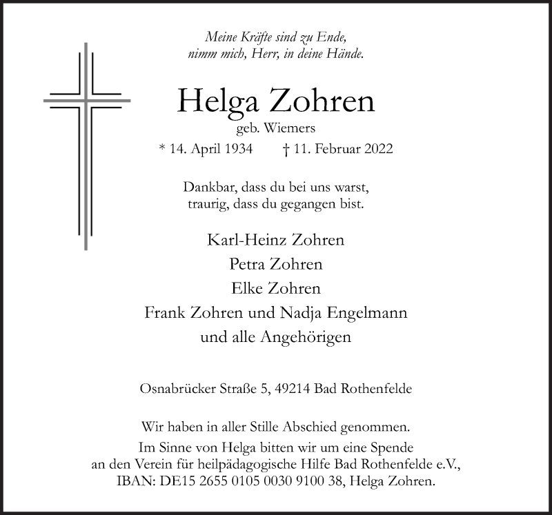  Traueranzeige für Helga Zohren vom 19.02.2022 aus Neue Osnabrücker Zeitung GmbH & Co. KG