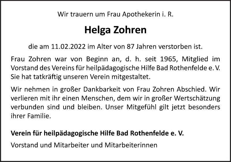  Traueranzeige für Helga Zohren vom 19.02.2022 aus Neue Osnabrücker Zeitung GmbH & Co. KG