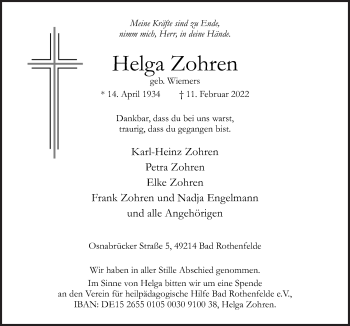 Traueranzeige von Helga Zohren von Neue Osnabrücker Zeitung GmbH & Co. KG