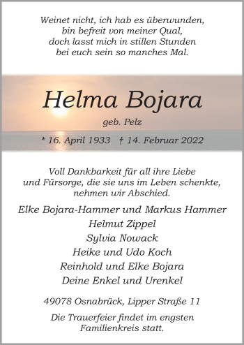 Traueranzeige von Helma Bojara von Neue Osnabrücker Zeitung GmbH & Co. KG