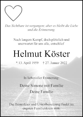 Traueranzeige von Helmut Köster von Neue Osnabrücker Zeitung GmbH & Co. KG