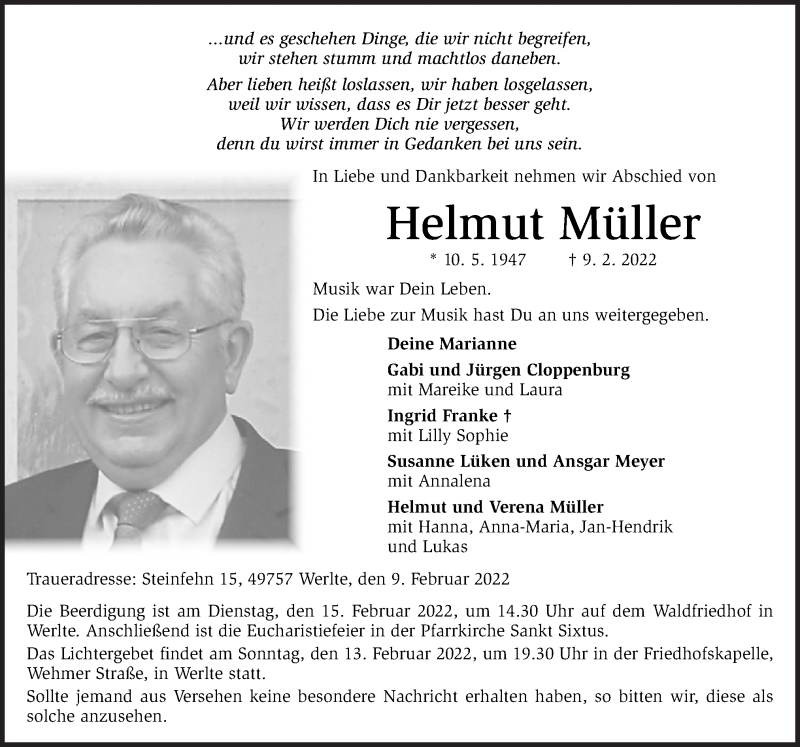  Traueranzeige für Helmut Müller vom 12.02.2022 aus Neue Osnabrücker Zeitung GmbH & Co. KG