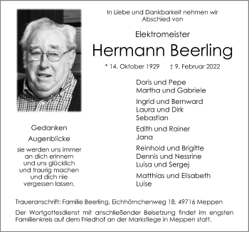 Traueranzeige von Hermann Beerling von Neue Osnabrücker Zeitung GmbH & Co. KG