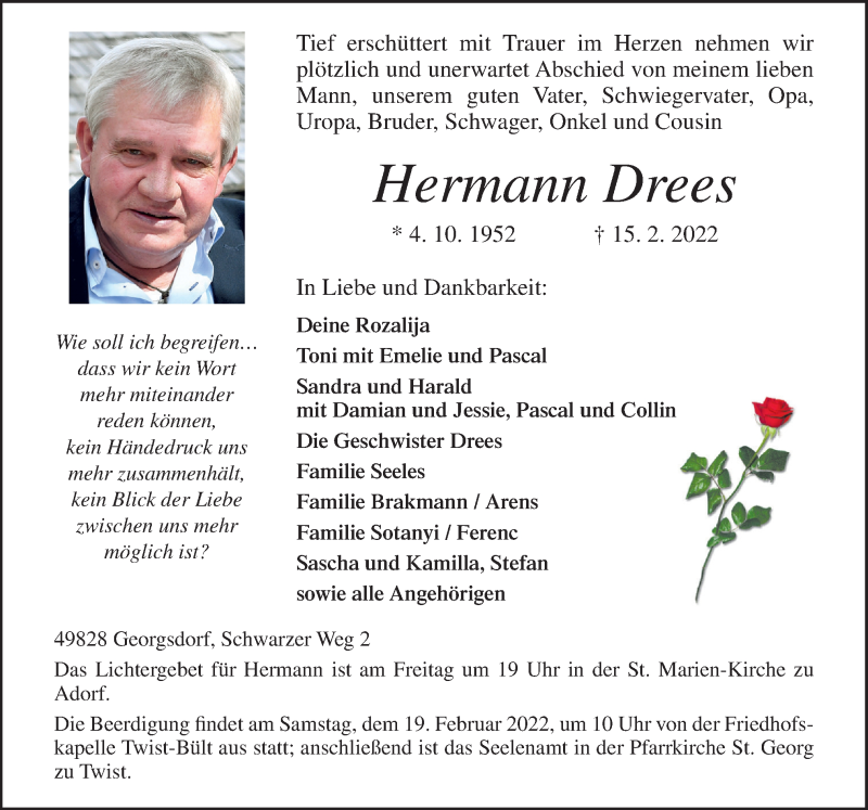 Traueranzeigen Von Hermann Drees | Noz Trauerportal