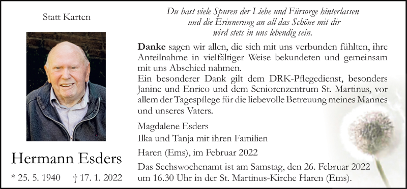  Traueranzeige für Hermann Esders vom 23.02.2022 aus Neue Osnabrücker Zeitung GmbH & Co. KG