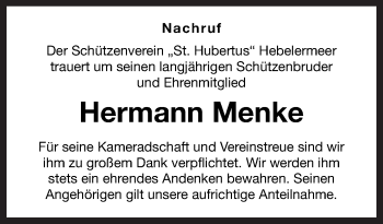 Traueranzeige von Hermann Menke von Neue Osnabrücker Zeitung GmbH & Co. KG