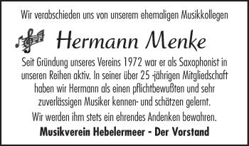 Traueranzeige von Hermann Menke von Neue Osnabrücker Zeitung GmbH & Co. KG