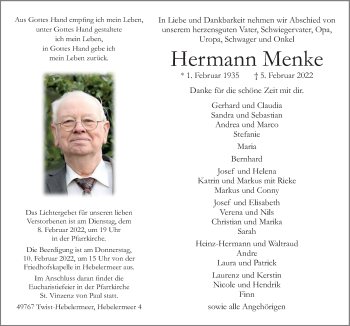 Traueranzeige von Hermann Menke von Neue Osnabrücker Zeitung GmbH & Co. KG