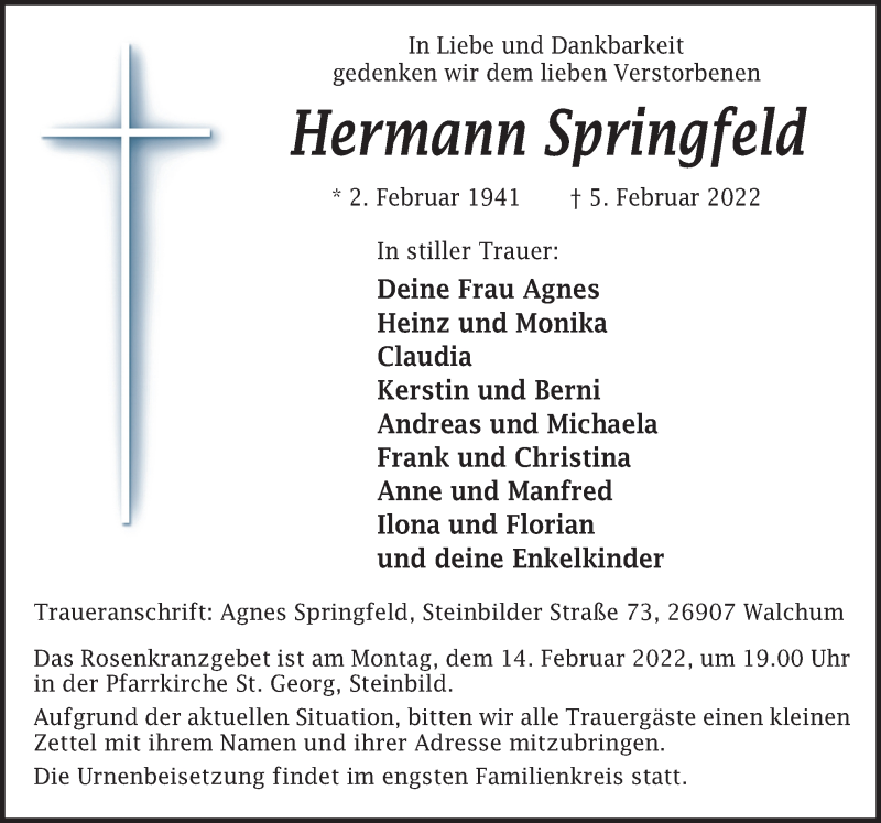  Traueranzeige für Hermann Springfeld vom 08.02.2022 aus Neue Osnabrücker Zeitung GmbH & Co. KG