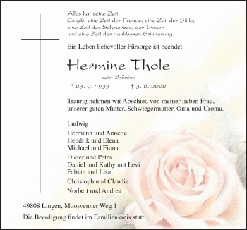 Traueranzeige von Hermine Thole von Neue Osnabrücker Zeitung GmbH & Co. KG