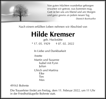 Traueranzeige von Hilde Kremser von Neue Osnabrücker Zeitung GmbH & Co. KG