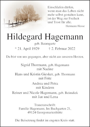 Traueranzeige von Hildegard Hagemann von Neue Osnabrücker Zeitung GmbH & Co. KG