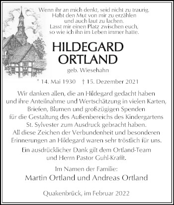 Traueranzeige von Hildegard Ortland von Neue Osnabrücker Zeitung GmbH & Co. KG