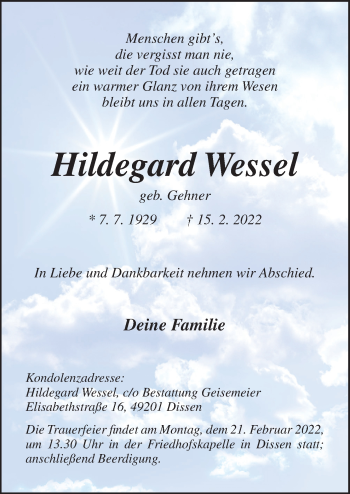 Traueranzeige von Hildegard Wessel von Neue Osnabrücker Zeitung GmbH & Co. KG