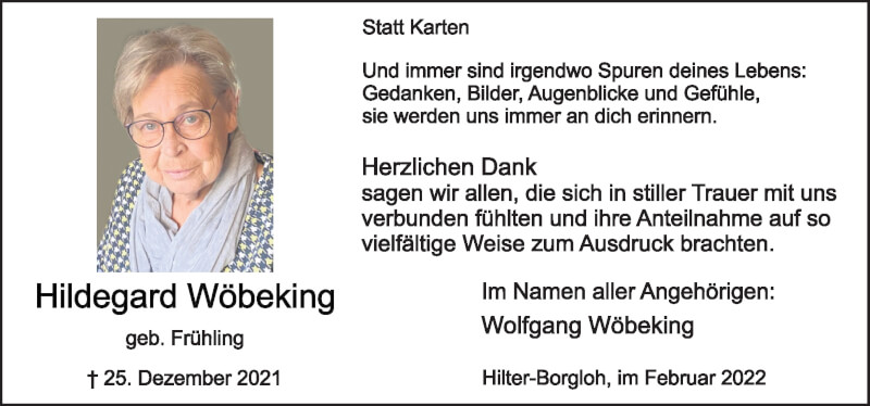  Traueranzeige für Hildegard Wöbeking vom 05.02.2022 aus Neue Osnabrücker Zeitung GmbH & Co. KG