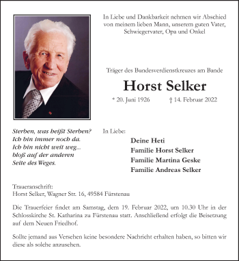 Traueranzeige von Horst Selker von Neue Osnabrücker Zeitung GmbH & Co. KG