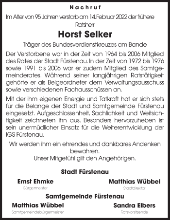 Traueranzeige von Horst Selker von Neue Osnabrücker Zeitung GmbH & Co. KG
