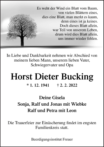 Traueranzeige von Horst Dieter Bucking von Neue Osnabrücker Zeitung GmbH & Co. KG