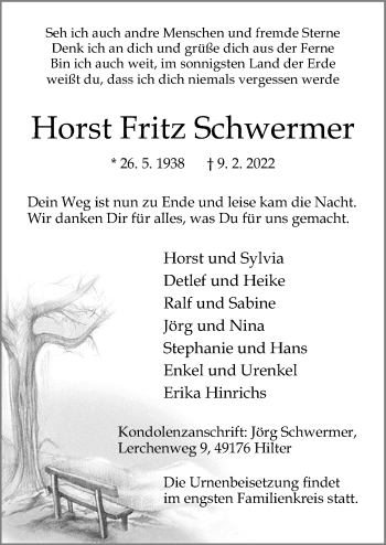 Traueranzeige von Horst Fritz Schwermer von Neue Osnabrücker Zeitung GmbH & Co. KG
