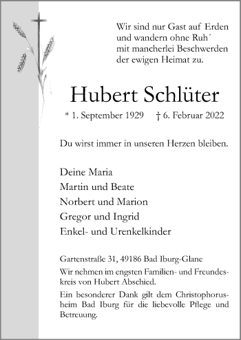 Traueranzeige von Hubert Schlüter von Neue Osnabrücker Zeitung GmbH & Co. KG