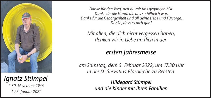  Traueranzeige für Ignatz Stümpel vom 02.02.2022 aus Neue Osnabrücker Zeitung GmbH & Co. KG