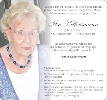 Traueranzeige von Ilse Kellersmann von Neue Osnabrücker Zeitung GmbH & Co. KG