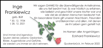 Traueranzeige von Inge Frankiewicz von Neue Osnabrücker Zeitung GmbH & Co. KG