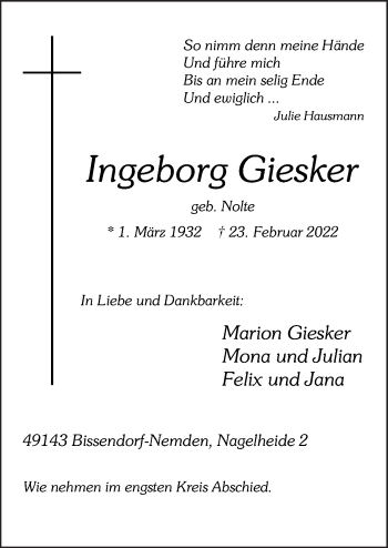 Traueranzeige von Ingeborg Giesker von Neue Osnabrücker Zeitung GmbH & Co. KG