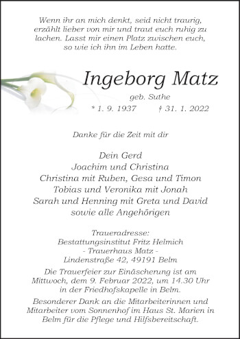 Traueranzeige von Ingeborg Matz von Neue Osnabrücker Zeitung GmbH & Co. KG