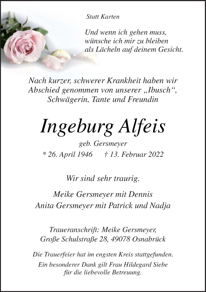  Traueranzeige für Ingeburg Alfeis vom 19.02.2022 aus Neue Osnabrücker Zeitung GmbH & Co. KG