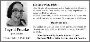 Traueranzeige von Ingrid Franke von Neue Osnabrücker Zeitung GmbH & Co. KG