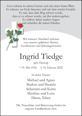Traueranzeige von Ingrid Tiedge von Neue Osnabrücker Zeitung GmbH & Co. KG