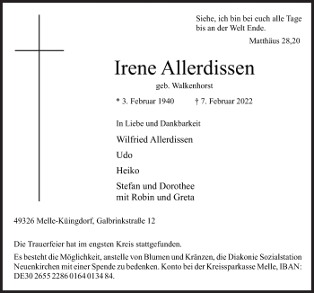 Traueranzeige von Irene Allerdissen von Neue Osnabrücker Zeitung GmbH & Co. KG