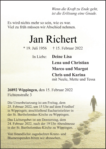 Traueranzeige von Jan Richert von Neue Osnabrücker Zeitung GmbH & Co. KG