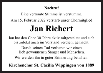 Traueranzeige von Jan Richert von Neue Osnabrücker Zeitung GmbH & Co. KG
