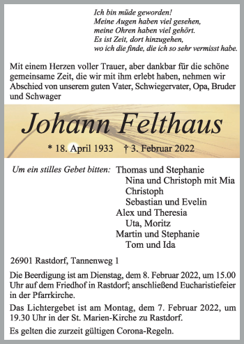 Traueranzeige von Johann Felthaus von Neue Osnabrücker Zeitung GmbH & Co. KG