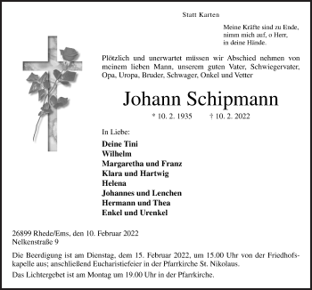 Traueranzeige von Johann Schipmann von Neue Osnabrücker Zeitung GmbH & Co. KG