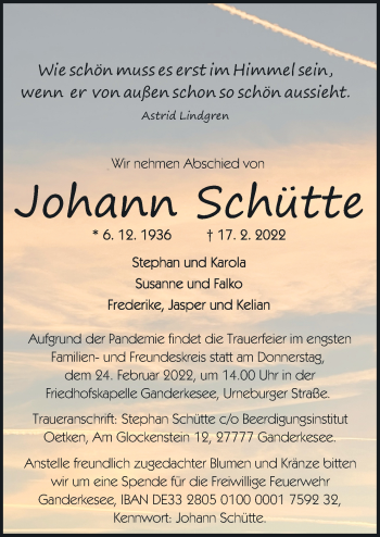 Traueranzeige von Johann Schütte von Neue Osnabrücker Zeitung GmbH & Co. KG