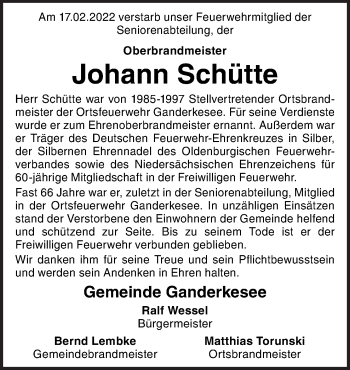 Traueranzeige von Johann Schütte von Neue Osnabrücker Zeitung GmbH & Co. KG