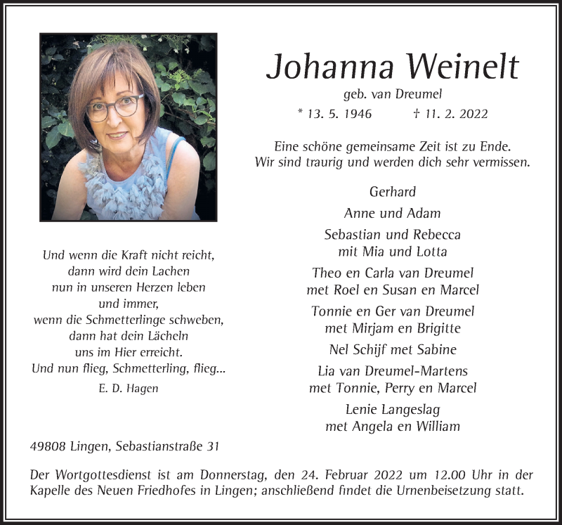  Traueranzeige für Johanna Weinelt vom 19.02.2022 aus Neue Osnabrücker Zeitung GmbH & Co. KG