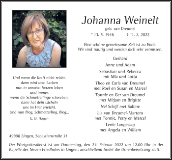 Traueranzeige von Johanna Weinelt von Neue Osnabrücker Zeitung GmbH & Co. KG