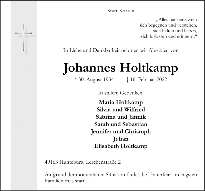  Traueranzeige für Johannes Holtkamp vom 19.02.2022 aus Neue Osnabrücker Zeitung GmbH & Co. KG