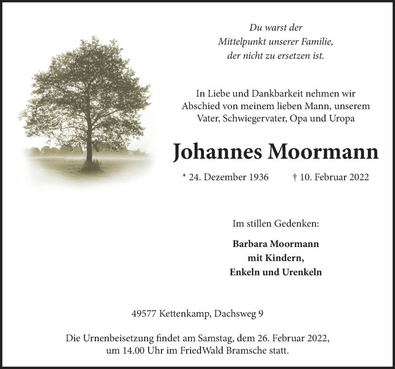  Traueranzeige für Johannes Moormann vom 19.02.2022 aus Neue Osnabrücker Zeitung GmbH & Co. KG