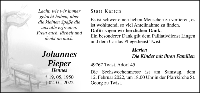 Traueranzeige für Johannes Pieper vom 09.02.2022 aus Neue Osnabrücker Zeitung GmbH & Co. KG