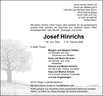 Traueranzeige von Josef Hinrichs von Neue Osnabrücker Zeitung GmbH & Co. KG